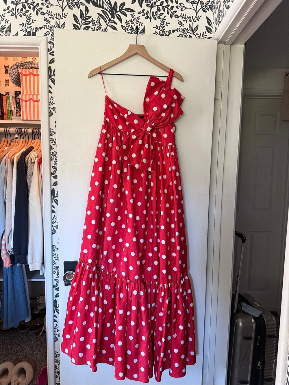 One-Shoulder Red Polka Dot Maxi Dress, anthropology dress